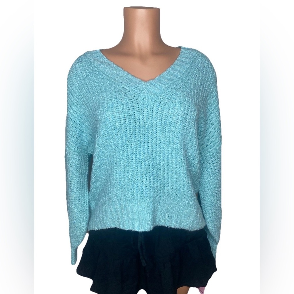 SO‎ Sweater Womens Knit Large Green Oversized V Neck Long Sleeve Cable Knit